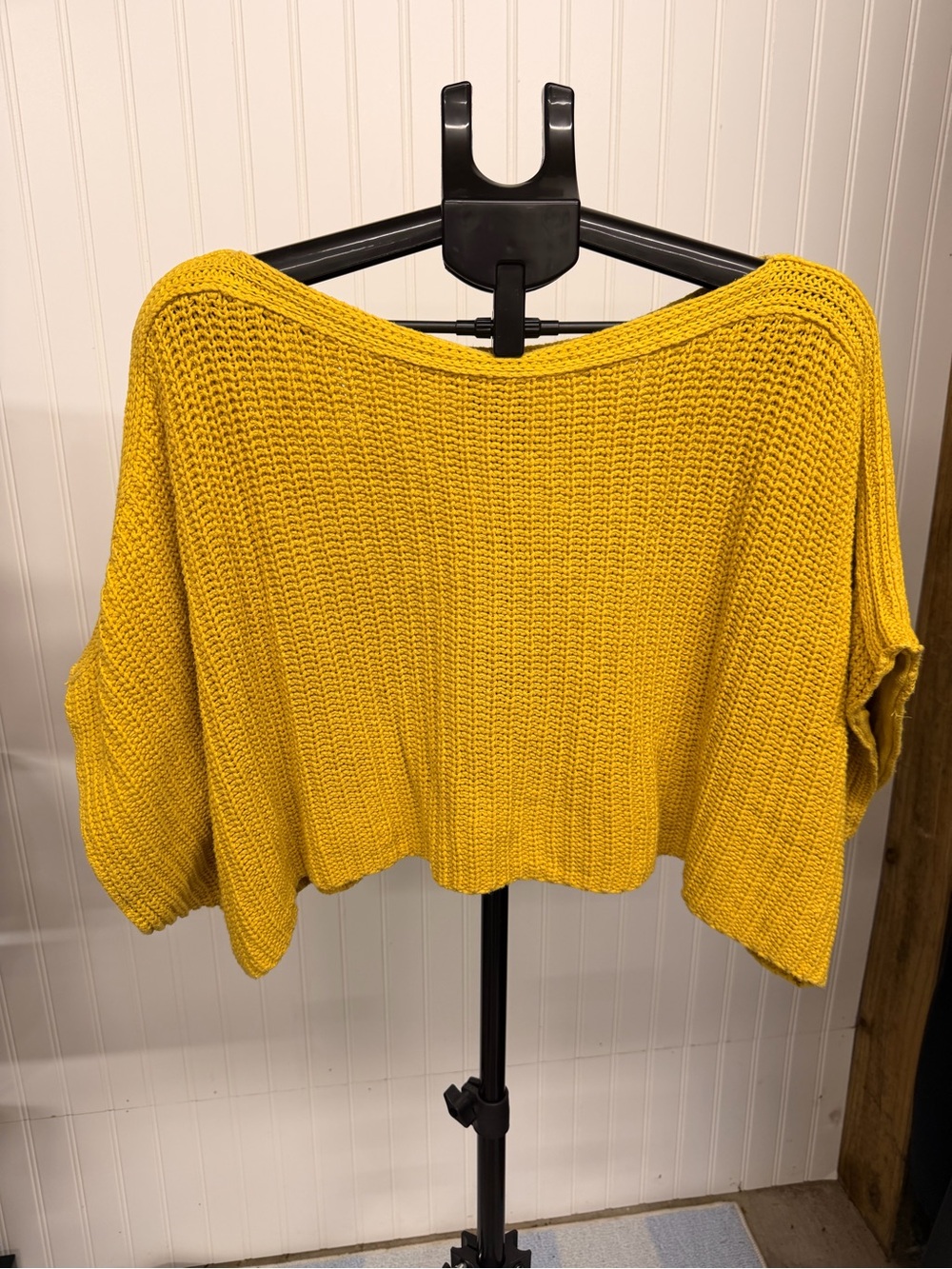Moth Cropped Off-Shoulder Knit Sweater in Mustard Yellow